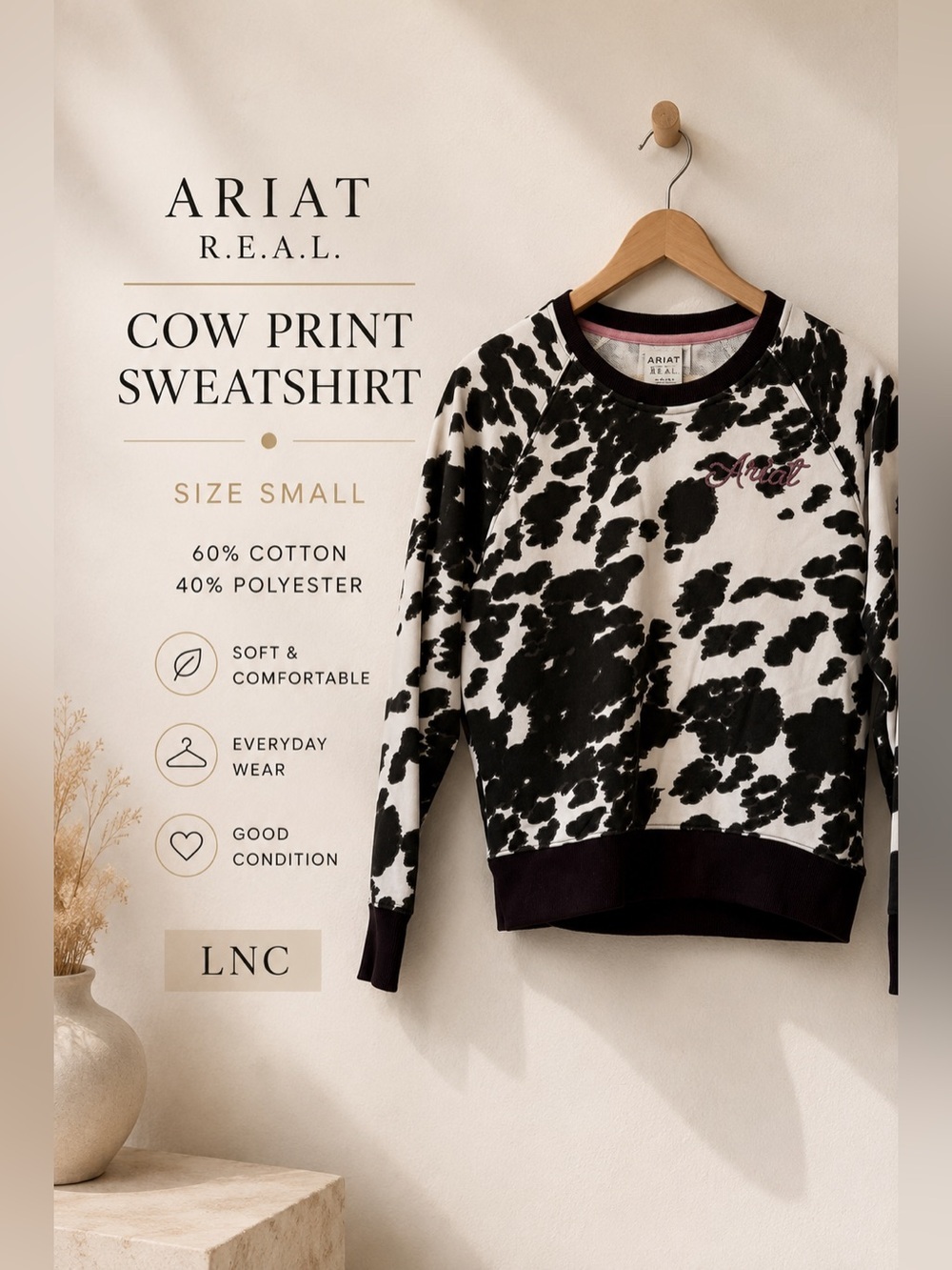 Ariat R.E.A.L. Cow Print Pullover Sweatshirt Western Graphic Top Small